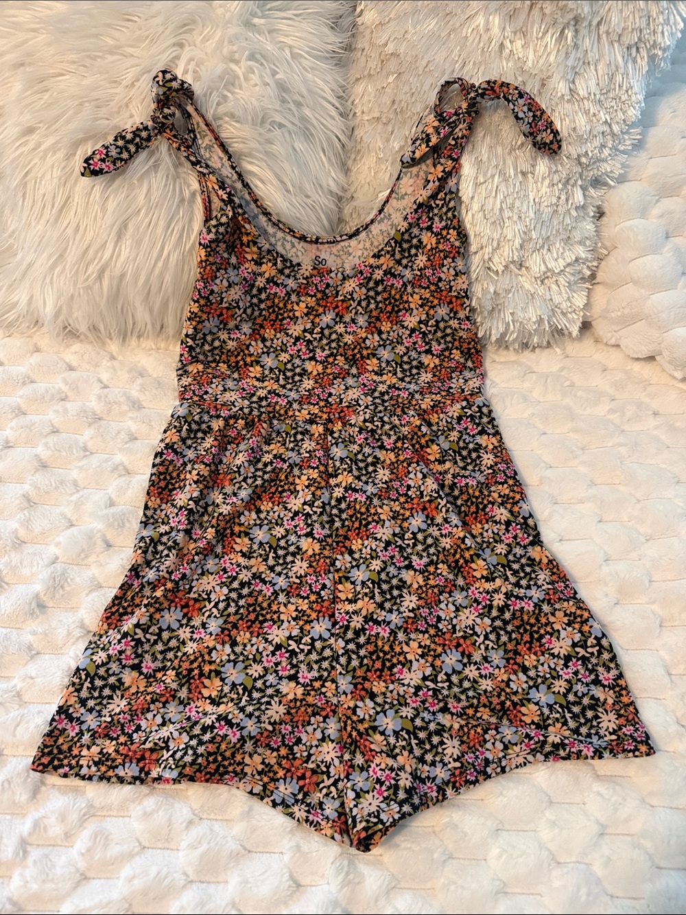 SO Black Floral Tie-Shoulder Romper with Pink, Orange and White Flowers